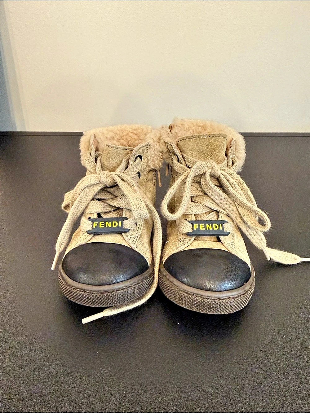 Baby Fendi Fur-Lined Lace-Up Boots Brown